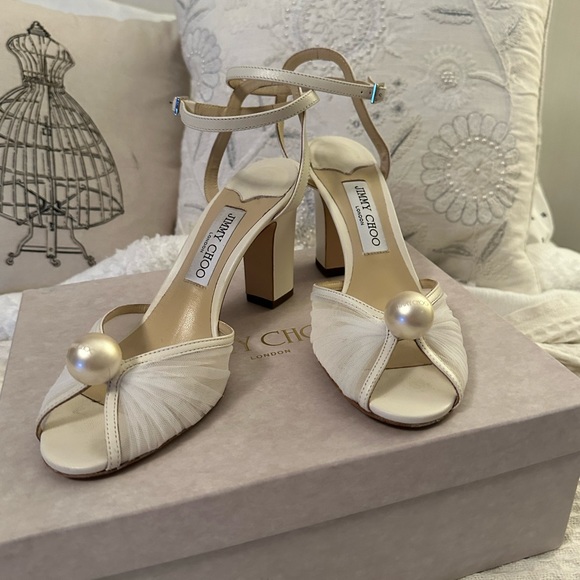 Jimmy Choo Sacaria 85 Tulle Pearl Ankle Strap Sandal heels ivory white size 39.5 - Picture 10 of 13